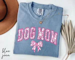 Comfort Colors Pink Dog Mom Shirt, Pink Ribbon Shirt, Mother's Day Gift For Dog Mom, Dog Bow Shirt, Dog Mom Chinoiserie Shirt