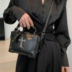 Black Cross Decorated Punk Rock Motorcycle Style Box Bag, Stylish Rivet Detail Shoulder Crossbody Makeup Everyday Bag for Women, Perfect for Daily Use and Dating Gift