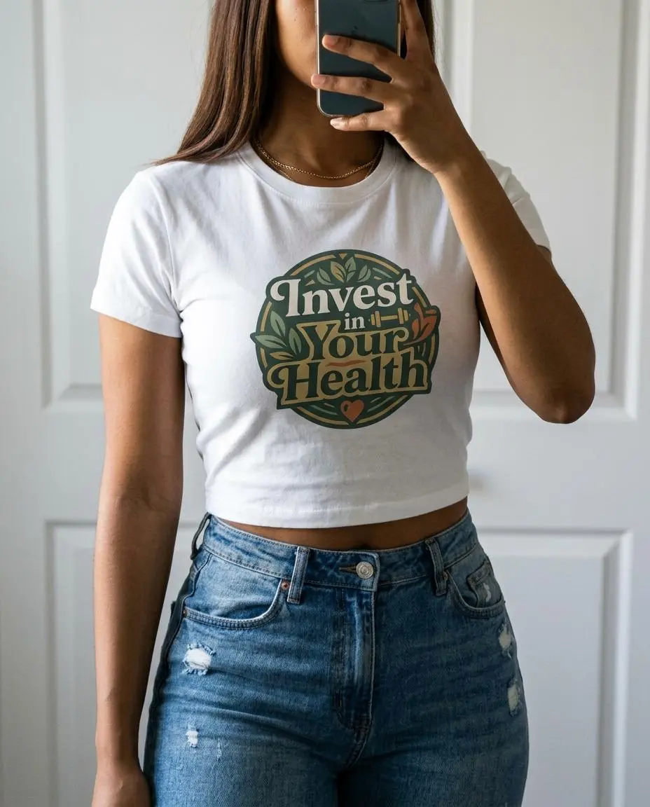 Invest In Your Health Womens Organic Cotton Graphic Crop Top Tee
