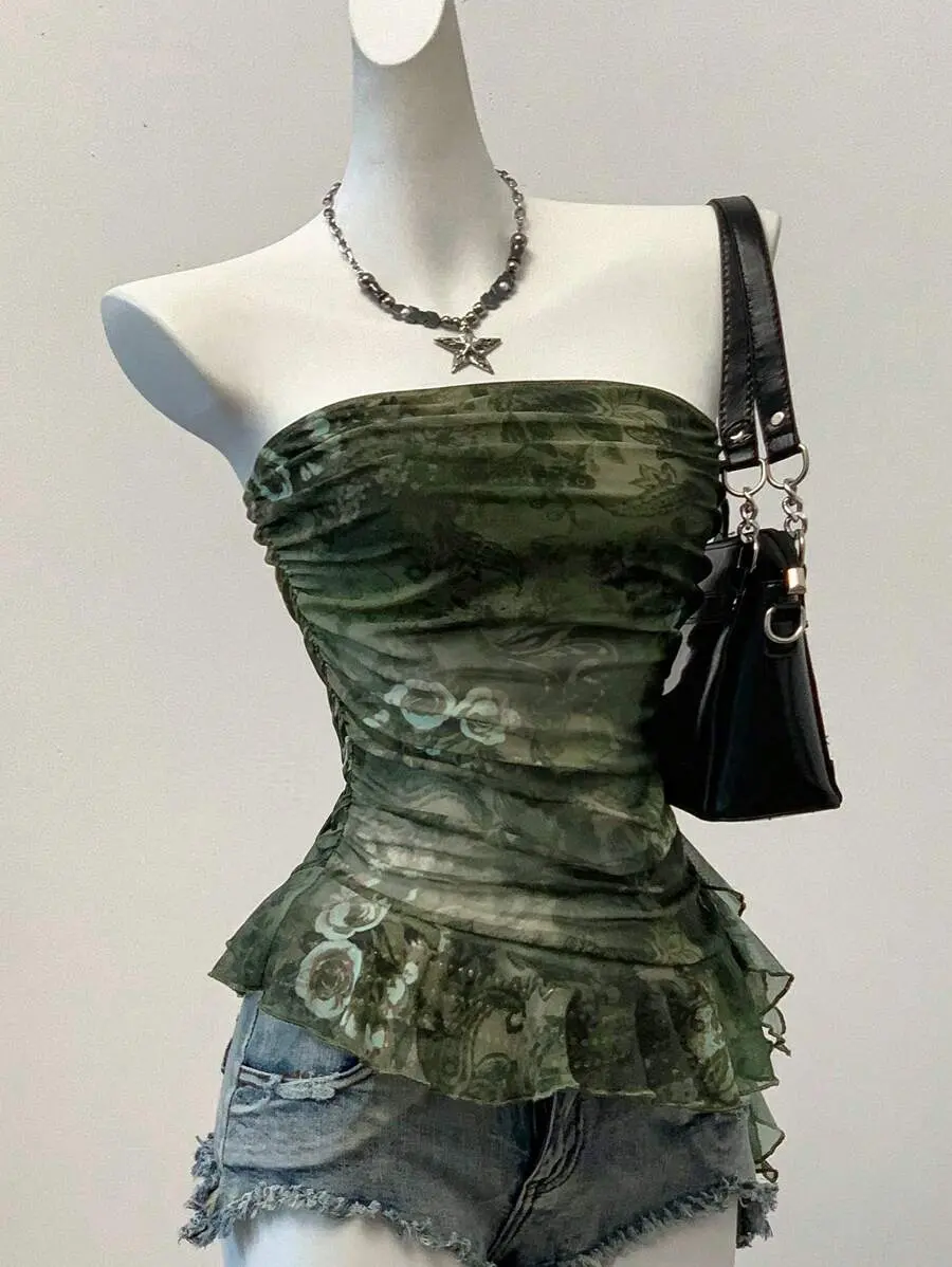 Glamine  Summer Y2k  Vintage  Grunge Graphic Printed Mesh Bandeau Top For Women Floral Tube Top