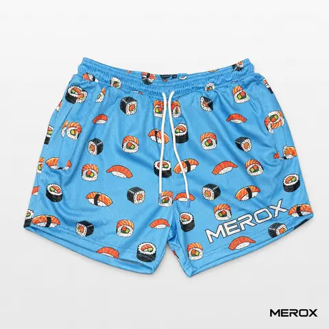 MEROX Sushi 5-Inch Mesh Shorts, Unisex Blue Sushi Print Gym Shorts for Men and Women, Breathable Athletic Workout Shorts with Zipper Pockets, Adjustable Drawstring Waist and No Liner