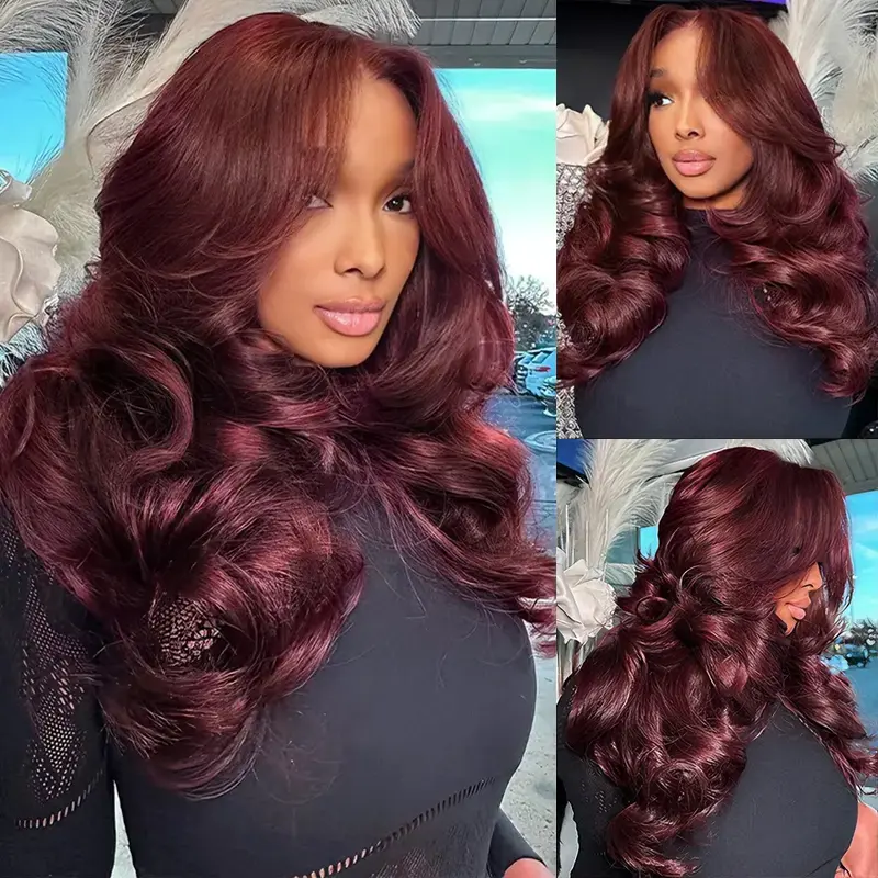 Celie Hair Dark Burgundy Loose Body Wave Glueless Wig 6×5 Lace Butterfly Layered Cut Human Hair Closure Wigs 200% Density