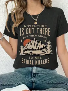 Adventure Is Out There" Mountain Hiking Graphic T-Shirt, Retro Outdoor Nature Print Oversized Crew Neck Tee, Unisex Short Sleeve Camping Cotton Top, Trendy Wilderness Aesthetic Shirt for Hikers, Outdoor Lovers and Streetwear Enthusiasts
