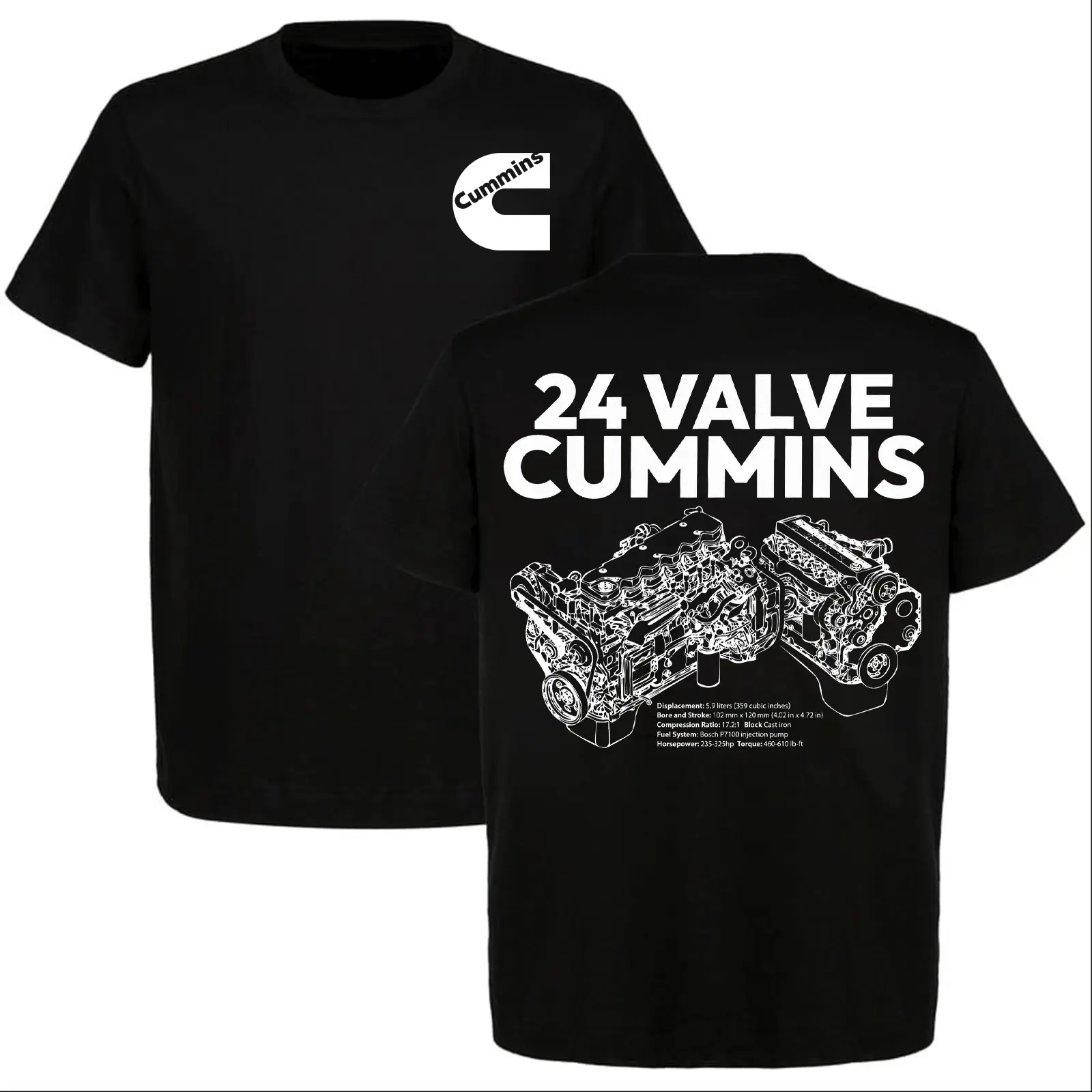 24 Valve Diesel Engine T-Shirt - 5.9L Inline 6 Engine Diagram Tee, Front and Back Print for Truck Guys