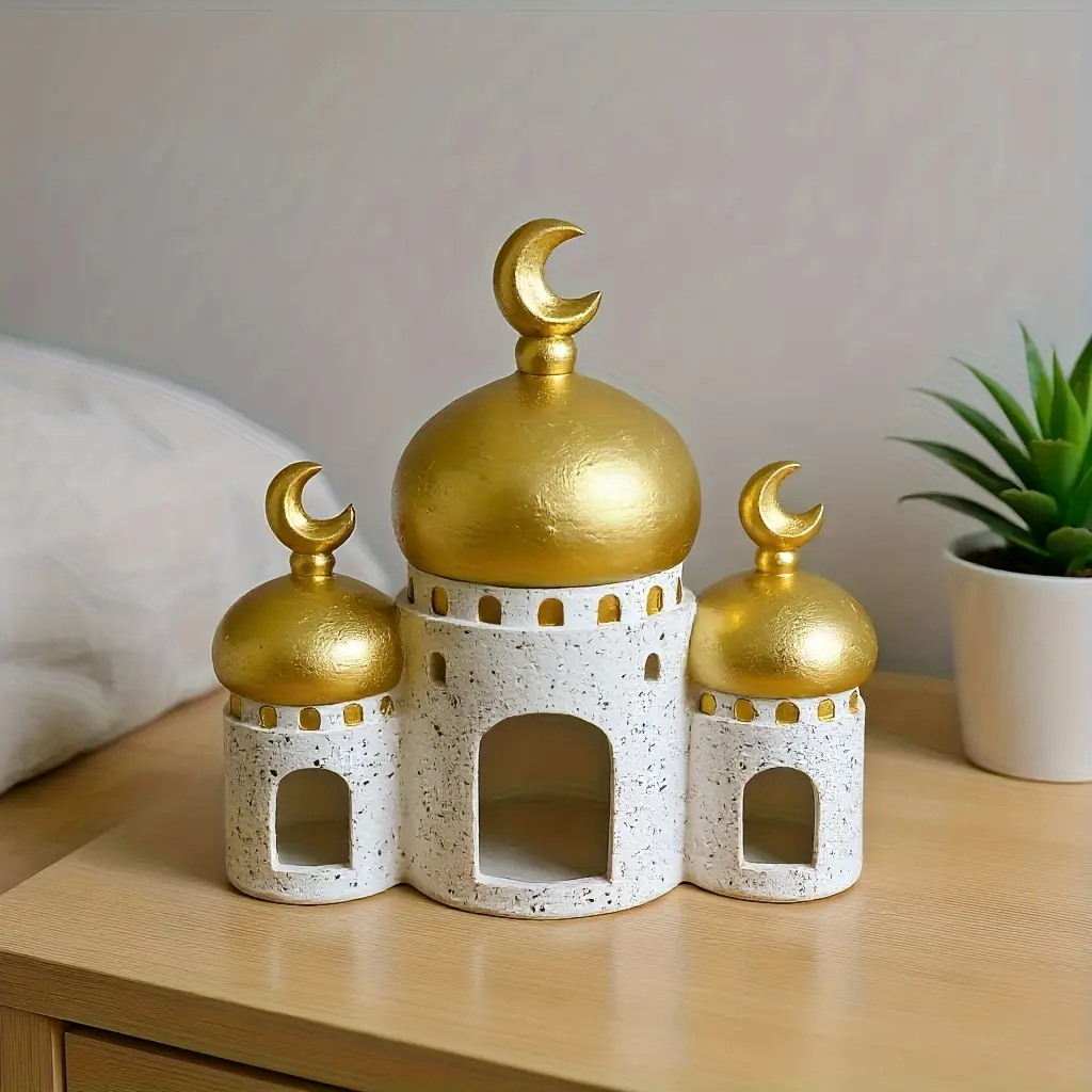 Resin Islamic Architectural Religious Ornament - Golden Roof & White Walls, Stylish Home Spiritual Decor for Indoor Ramadan & Eid Al-Adha Ornate Accent, Religious Ornaments, Stylish Religious Decor