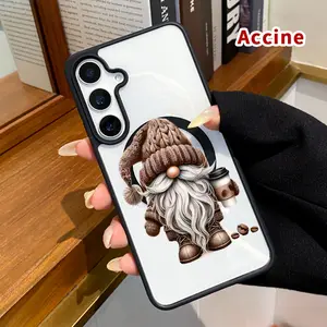 Magnetic Phone Case Compatible with Samsung Galaxy S23 Ultra S24 Plus S25 Edge S22+ FE Gnome with Coffee Pattern Acrylic Back Matte TPU Edges Full Body Coverage Ultra Slim Back Cover Gift