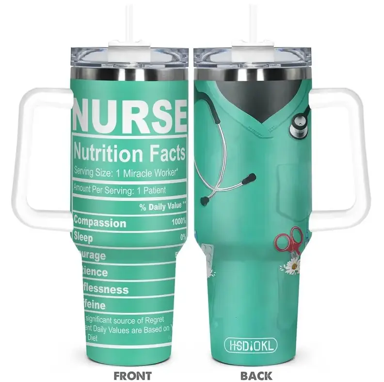 [Gift Box Included] 40oz, 20oz Funny Nurse Nutrition Facts Print Stainless Steel Tumbler with Handle and Straw Vacuum Insulated Travel Mug Fits Car Cup Holder Cool Gift for Nurses