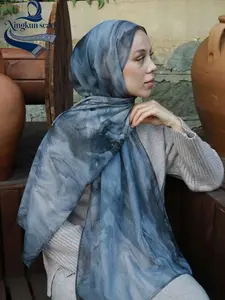Fashion Marbling Voile Hijab Scarf, Elegant Women's Printed Headscarf, Muslim Daily Wear Turban, Breathable Beach Long Shawl