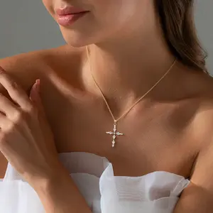 MIDEEO Gold Cross Necklace for Women 14K Gold Plated Zircon Pendant Adjustable 17+2" Chain Hypoallergenic Non Tarnish Waterproof Religious Faith Jewelry Gift