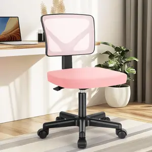 Armless Desk Chairs with Wheels, Ergonomic Adjustable Home Office Swivel Rolling Task Chair No Arms, Comfy Mesh Mid Back Computer Work Vanity Desk Seat for Small Spaces, Light Pink