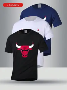 3 Piece Short Sleeve T-Shirt Set, Basketball Viewing Sports Casual Wear, Bulls Team Logo Print, Lightweight Breathable Quick Dry Fabric