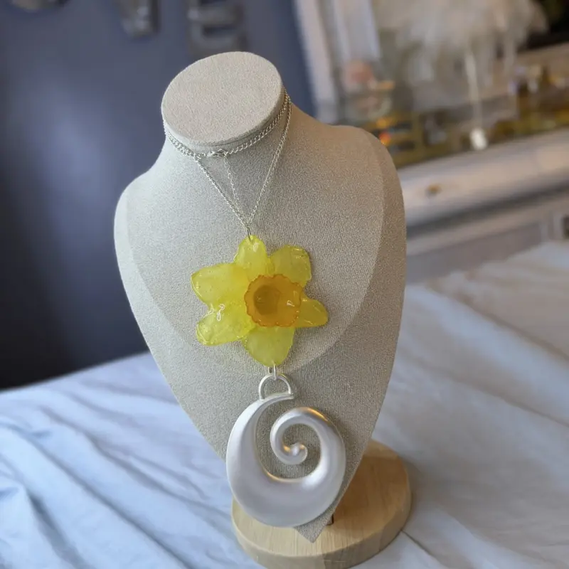 Real Daffodil Necklace Preserved in Resin - Yellow Flower Pendant with Silver Spiral Charm