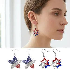 2 Pairs Independence Day Patriotic Earring for Women American Flag Dangle Earrings Patriotic Red White Blue USA Earring, Pave Crystal Stud