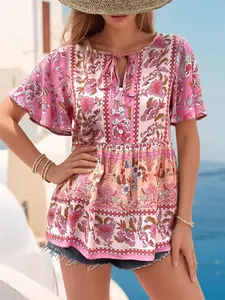Women's All Over Print Tie Neck Blouse, Boho Casual Short Sleeve Top for Summer, Ladies Clothes for Daily Wear