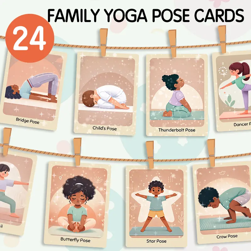 Children's Family Yoga Flash Cards - 24 Cartoon Yoga Pose Illustration Cards, Educational Parent-Child Home Exercise & Kindergarten Indoor Learning Teacher Resources Cute supplies Interactive