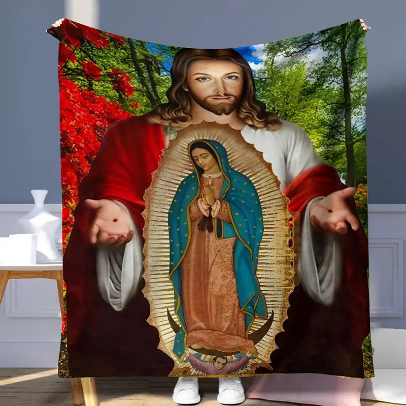 Jesus & Virgin Mary Pattern Throw Blanket, Catholic Bible Themed Soft Cozy Blanket, Napping Throw Blanket for Home Living Room Bedroom Sofa Couch, Blankets for Sofa