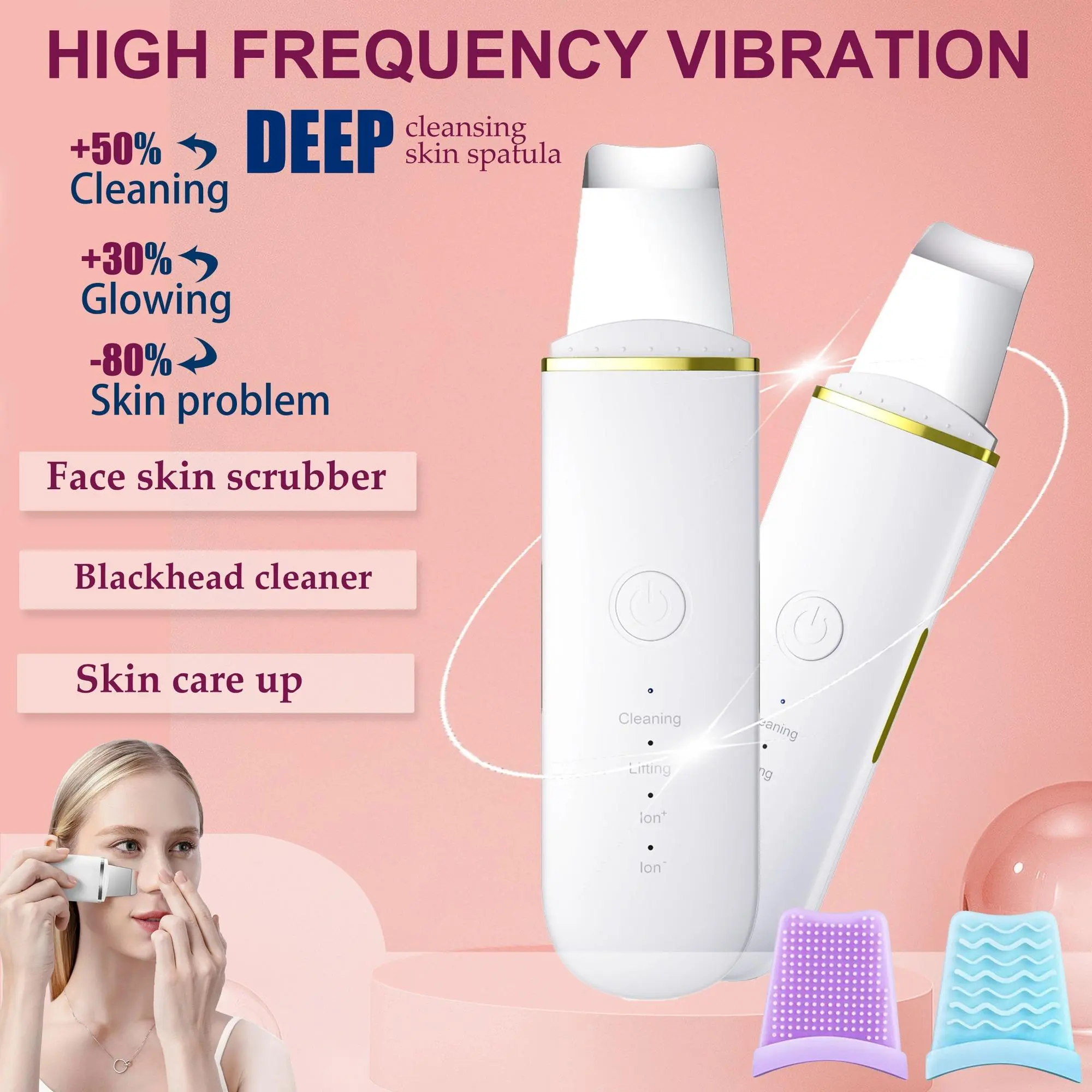 Rechargeable Ultrasonic Skin Scrubber, USB Rechargeable Facial Cleaner with High-frequency Vibration Massage, Facial Skin Care Tool for Women, Christmas Gift, Stocking Fillers, New Year Gifts, Winter Gift
