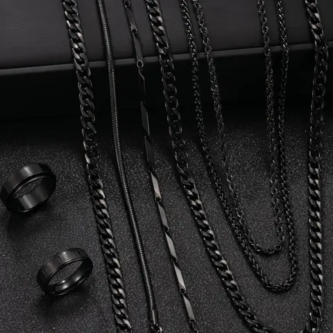 Men's Cuban Link Necklace & Ring Set, Stainless Steel Material, Hip-Hop Street Style Accessory for All Seasons, Cuban Link Chain, Ideal Gift for Boyfriend and Friends, Fashion Cool Accessories
