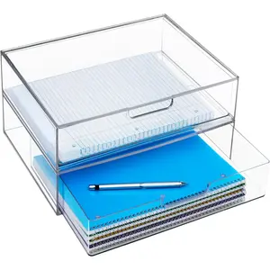 Plastic Stackable Organizer Drawers (Set of 2) Clear | 12.5" Wide | Includes Two Open Drawers | Organize Office Desk Accessories & Sort Paper | Made in USA