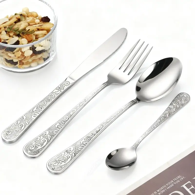 Vintage Embossed 20-Piece Stainless Steel Tableware Set for 4 Adults, Everyday BPA-Free Mirror-Polished Cutlery, Dishwasher Safe