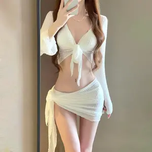 Women's Long Sleeve Knit Bikini Set, Pure Push-Up Swimsuit With Cover-Up, Elegant Resort Swimwear For Vacation Beach