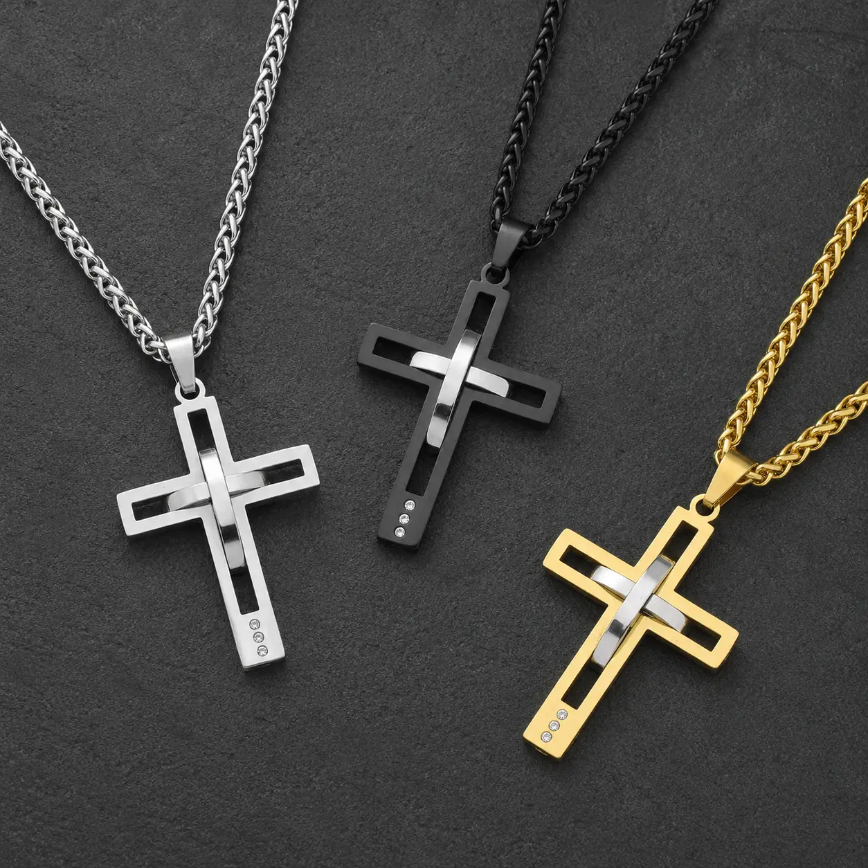 Men’s Three-Layer Cross Pendant Necklace with Link Chain, Black Silver or Gold Tone, Casual Jewelry Accessory