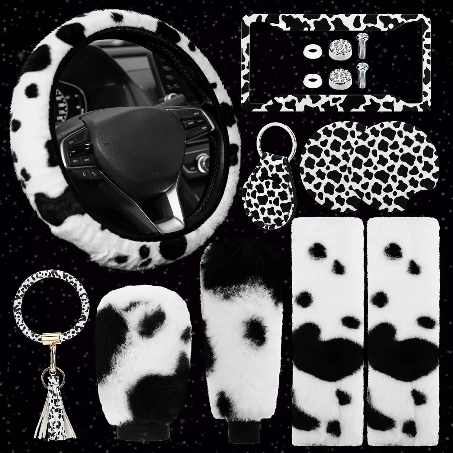 10 count   Accessories Set Cow Fluffy Plush Steering Wheel Cover Shift Cover Handbrake Pad Cup Seat Belt Pad Bracelet Key Chain License Ornament for Women  Interior(Black), Girly Car Interior Sets, Car Interior Decoration, 2 Cup Holder Pads