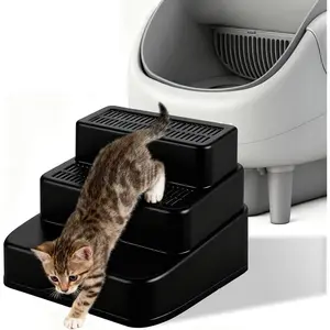 Adjustable 3 Steps Cat Litter Box Ramp with Detachable Litter Trapper, Non-Slip Anti-Tracking Easy Clean Cat Steps for Small & Elderly Cats, Fits Automatic Litter Boxes (Black)