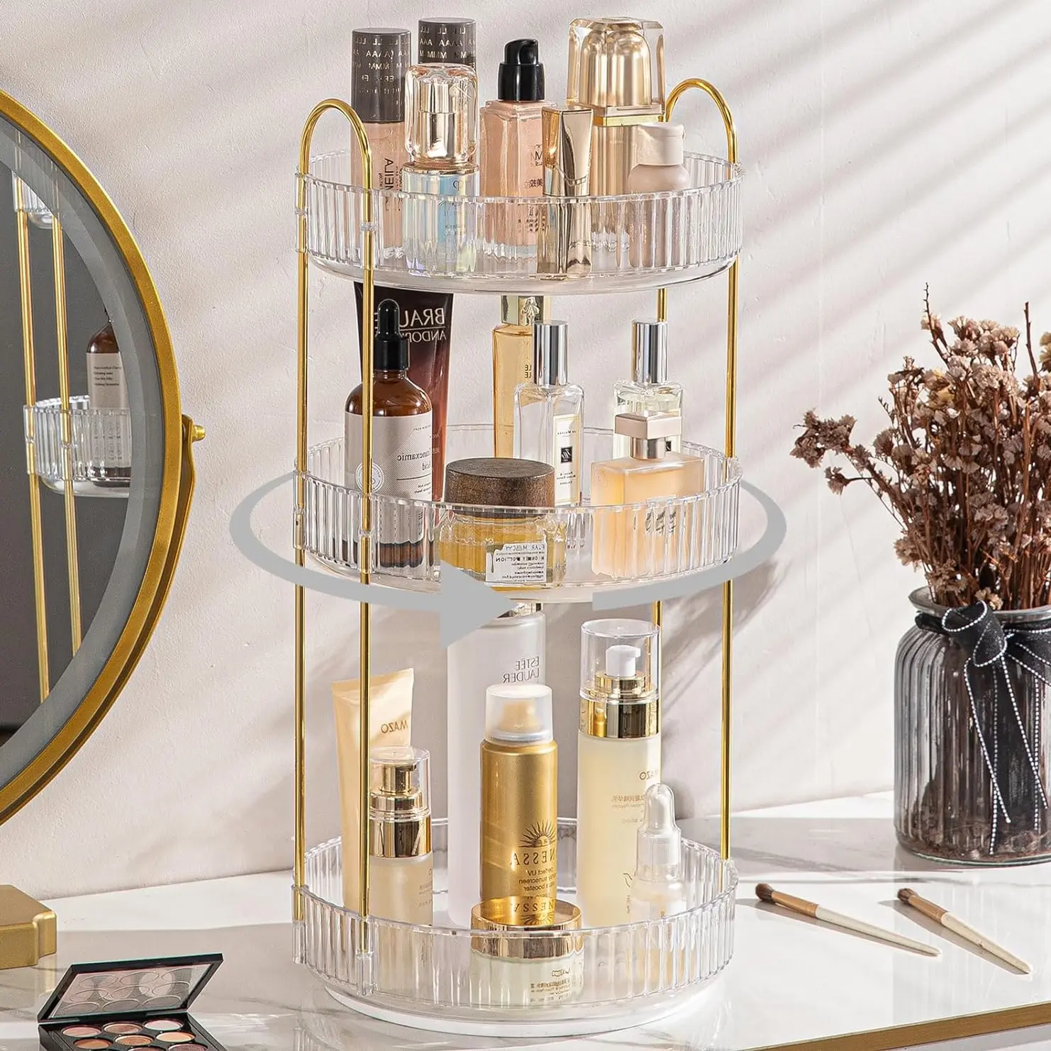 Rotating cosmetic organizer, versatile storage solution , large capacity skincare and perfume organizer, bathroom countertop organizer, 360° rotating cosmetic vanity organizer (transparent, 3 layers) Boxes White