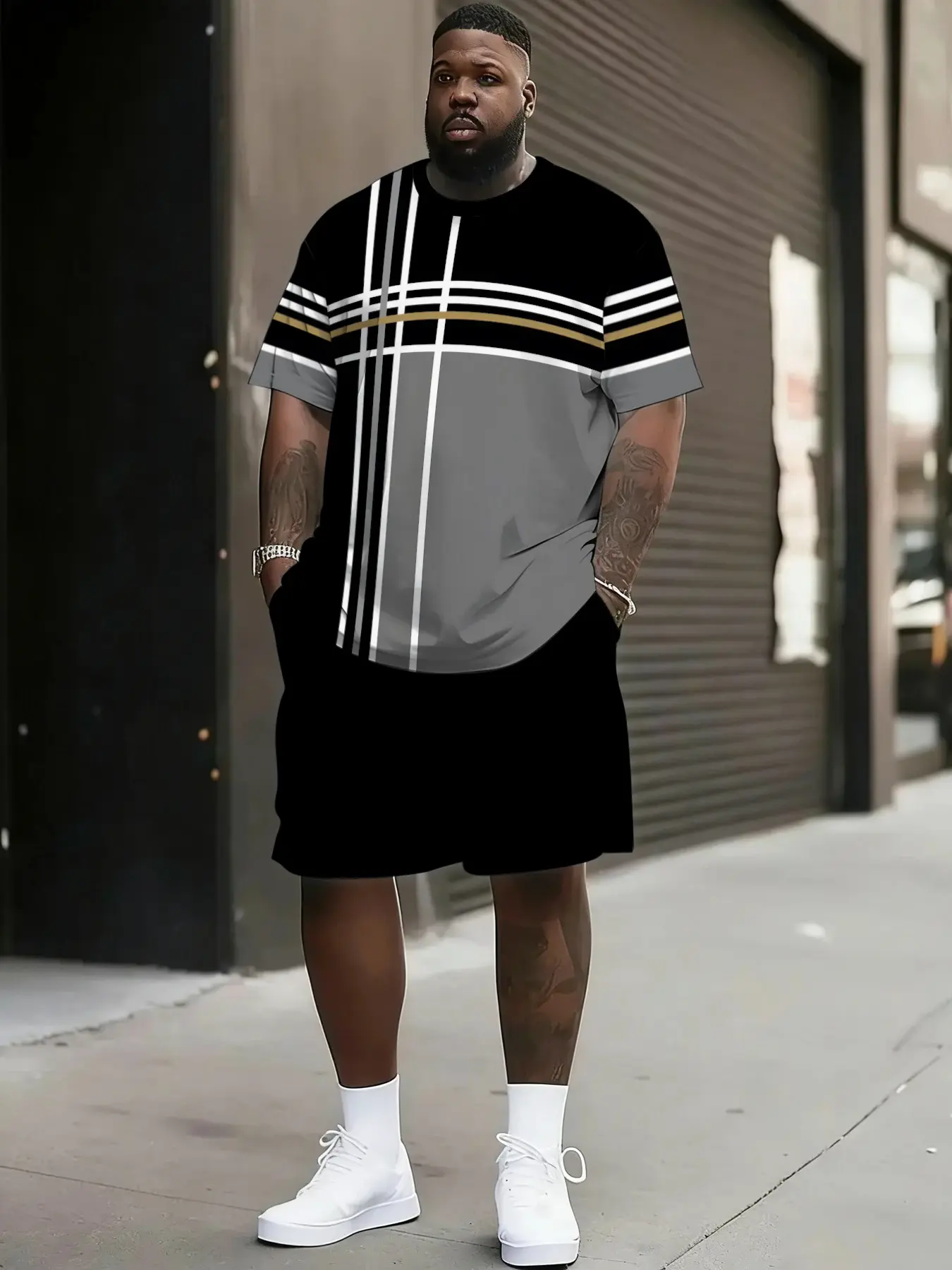 Men's Geometric Print Summer Set, Short Sleeve Round Neck T-Shirt & Drawstring Shorts, Loose Fit Sporty Casual Menswear
