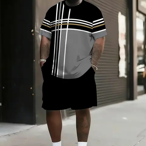 Men's Geometric Striped Print Summer Set Short Sleeve Round Neck T-Shirt & Drawstring Shorts, Loose Fit Casual Menswear