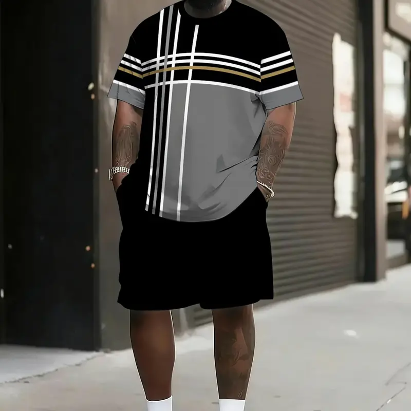 Men's Geometric Striped Print Summer Set Short Sleeve Round Neck T-Shirt & Drawstring Shorts, Loose Fit Casual Menswear