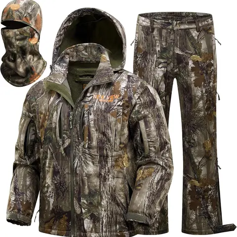 NEW VIEW HUNTING Men's 2-Piece Camouflage Fleece-Lined Winter Warm Hunting Suit - Breathable Mesh Jacket & Pants, Detachable Hood, Adjustable Waist & Cuffs, Drawstring Hem, 6 Pockets, Polyester, for Blending into Woodlands Deer Bow Activities