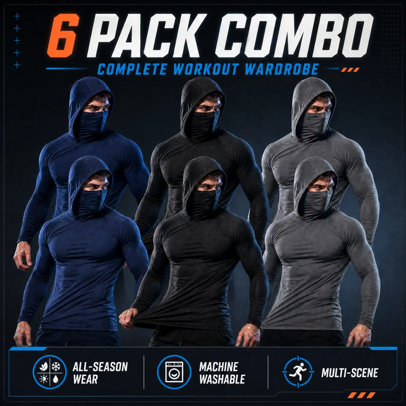 All Day Comfort 6 Pack Men Athletic Compression Hoodies, Moisture Wicking Seamless Construction Workout Long Sleeve Shirts