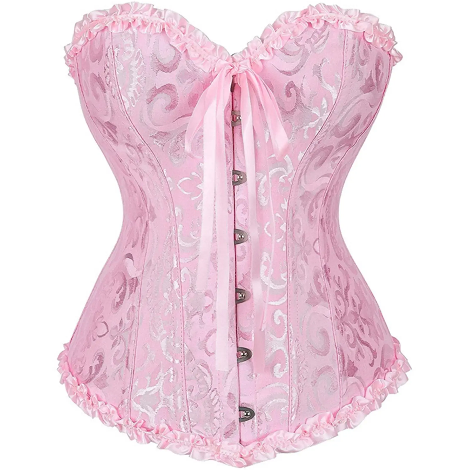 Women Tie up Overbust Corset, Sexy Boned Ruffle Jacquard Bustier with Bow, Body Shaper