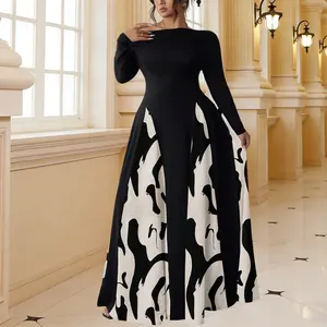 Plus Size, Plus Size Women's Off-Shoulder Long Sleeve Dress with Black & White Cow Print - Fitted Casual Winter Dress, Machine Washable Cozy Fall Outfits, Relaxed Fit Clothing, Unique Shoulder Style, Durable Textile