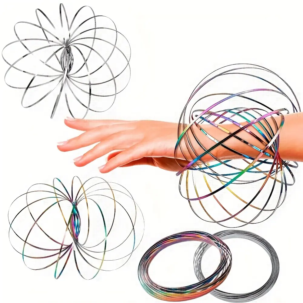 [Stainless Steel Spinner Ring] 2pcs Stainless Steel Geometric 3D Flow Ring Spinner Ring Arm Toy Bracelet Spring Fidget Ring For Relief Metal Circles Toys Kinetic Ring Spiral Toy Kinetic Toys