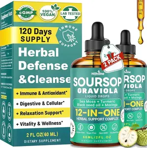 HIIHONE (2 Pack 12 in 1 Soursop Bitters Liquid Drops with Sea Moss, Moringa, Turmeric, Black Seed Oil for Immune, Digestive & Antioxidant Support, 2 Fl Oz