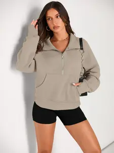 New Women's Half-Zip Mock Neck Sporty Fleece Long Sleeve Sweatshirt, Casual Knit Pullover with Zipper Pockets, Lightweight Comfort for Spring Daily Wear