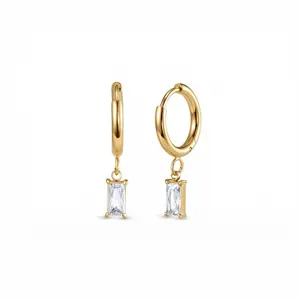 Dangling Baguette Cut CZ Diamond Hoop Earrings | Gold Hoop Earrings