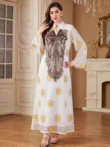 Elegant Muslim Long Sleeve Dress with Ethnic Patterns, Fitted Design, All-Season Wear, Glossy Finish, Perfect for Special Occasions, Classy Modest Dresses