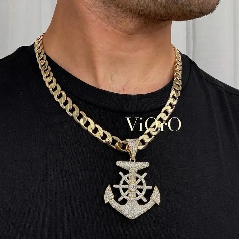 ViOrO 14K Gold Plated 10mm Cuban Link Chain with Zircon Anchor Pendant for Dairy Use. Electro Laminated Premium Jewelry