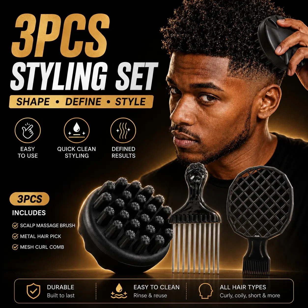1/3PCS Afro Curl Styling Set, Silicone Scalp Massage Brush, Metal Hair Pick & Mesh Curl Comb, Volumizing Brush for Black Hair, Short Curls, Coils, Twists, Fluffy Volume & Daily Styling, Hair Tools