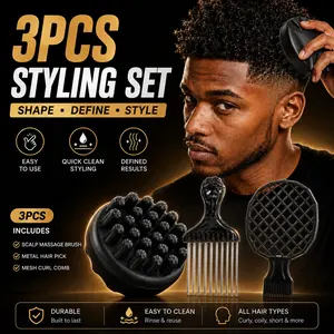 1/3PCS Afro Curl Styling Set, Silicone Scalp Massage Brush, Metal Hair Pick & Mesh Curl Comb, Volumizing Brush for Black Hair, Short Curls, Coils, Twists, Fluffy Volume & Daily Styling