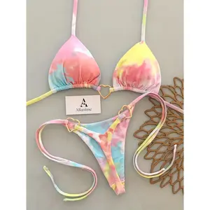 New Beach Pool Party Sexy Casual Tie-Dye Fashion Print Halter Bikini Women's Two-Piece Swimsuit, Stylish and Comfortable Swimwear, Halter Bathing Suit