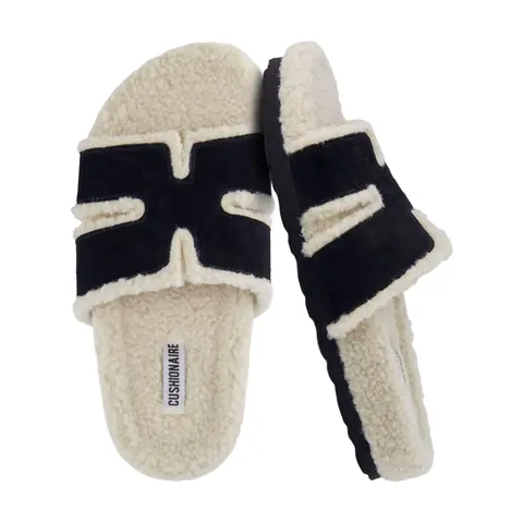 Cushionaire Cuddle Fur Slippers for Women | Faux Shearling Slide Sandal with Memory Foam | Comfortable Wide Width Slippers for Cozy Indoor Wear