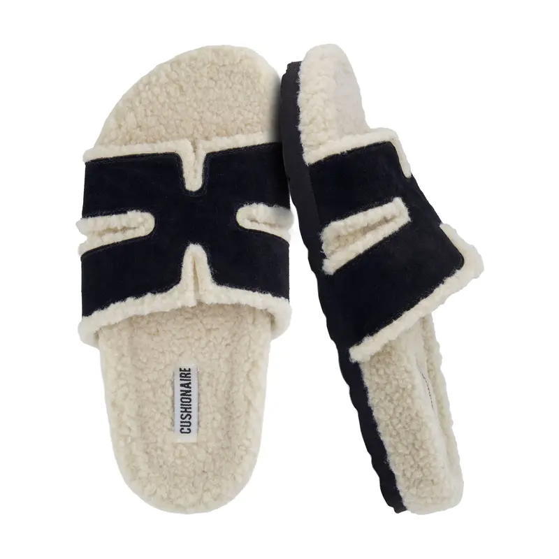 Cushionaire Cuddle Fur Slippers for Women | Faux Shearling Slide Sandal with Memory Foam | Comfortable Wide Width Slippers for Cozy Indoor Wear
