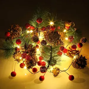 6.5FT Christmas Garland with Lights for  Christmas Decorations - Red Berry Pine Cone Xmas Lighted Garland String 20 LED  Operated Indoor Outdoor Holiday  Year Decor for Birthday Party
