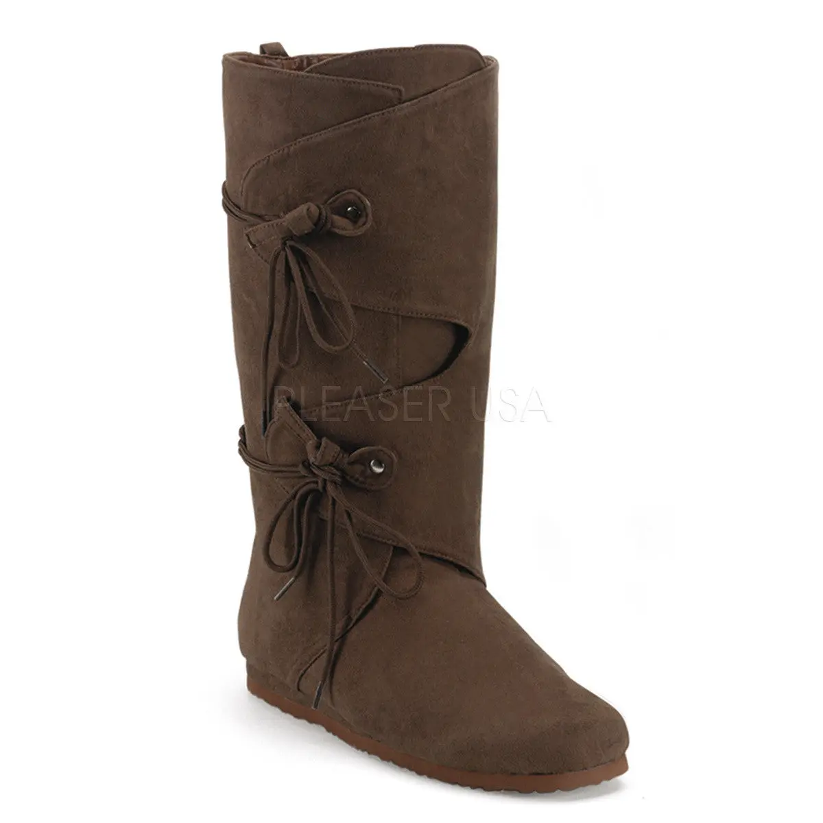 Men's Renaissance Brown Microfiber Boots, Calf-High Costume with Round Toe and Side Tie, Comfortable Heels for Walking, Alternative Style, Walking Shoes, Footwear, Flat, Rubber, Fabric, Western Ootd, Cowboy Aesthetic, Statement Shoes, Wraparound Fit Hugs