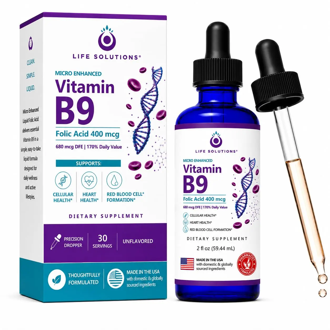 Life Solutions Vitamin B9 Liquid Drops, Folic Acid 400 mcg, 2 fl oz